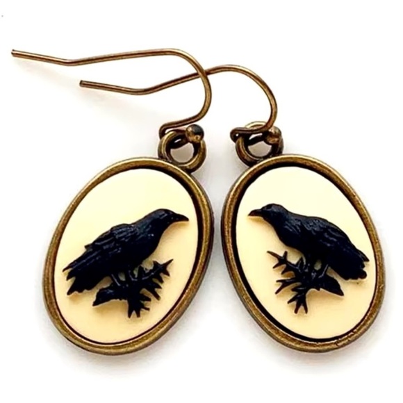 Vintage Gothic Black Raven Brass Earrings - Picture 4 of 4